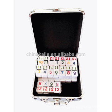 Double 12 Digit Plastic Dominoes In Aluminum Box For Sale